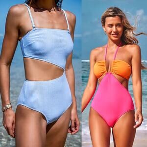 NWT Cupshe One-Piece Swimsuit Seersucker Cutout & Crossover Halter Bundle Size S